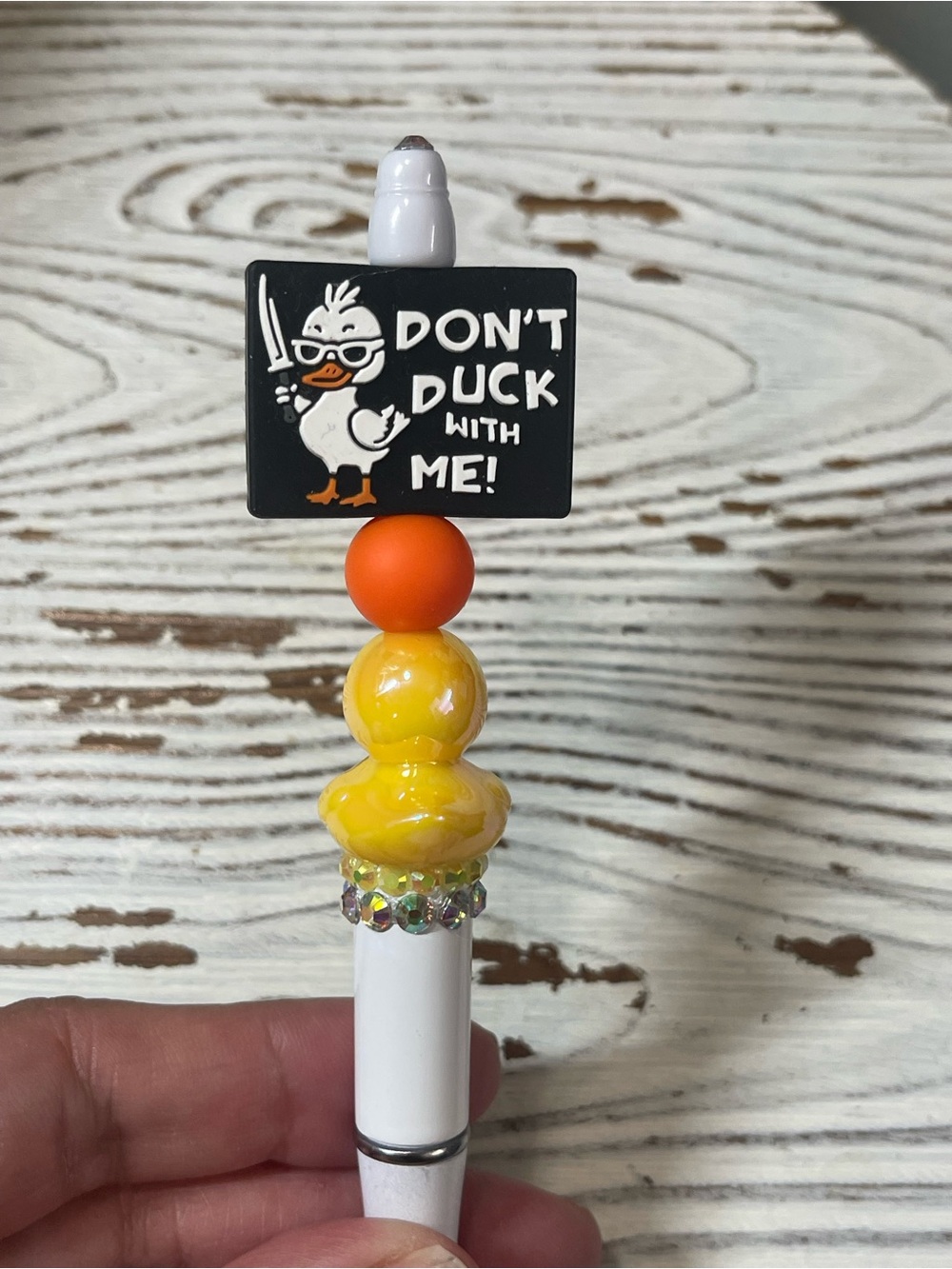 Hand Crafted White, Yellow & Orange Novelty Pen - "Don't Duck With Me"